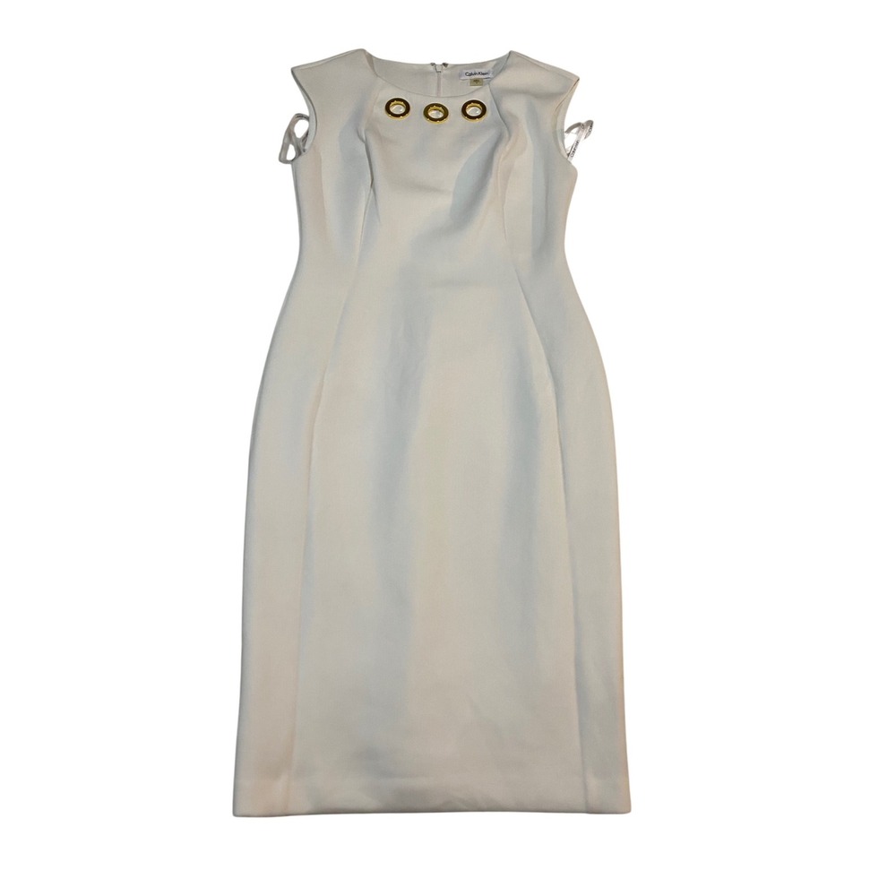 Calvin Klein White Sleeveless Sheath Dress Gold Grommet Neckline Size 2